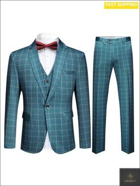Mens Plaid 3-Piece Suit Set Slim Fit Blazer Vest Pants Modern
